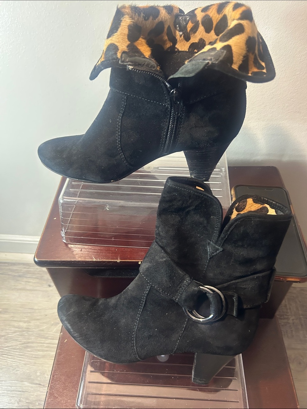 Black Suede Ankle Boots with Leopard Trim